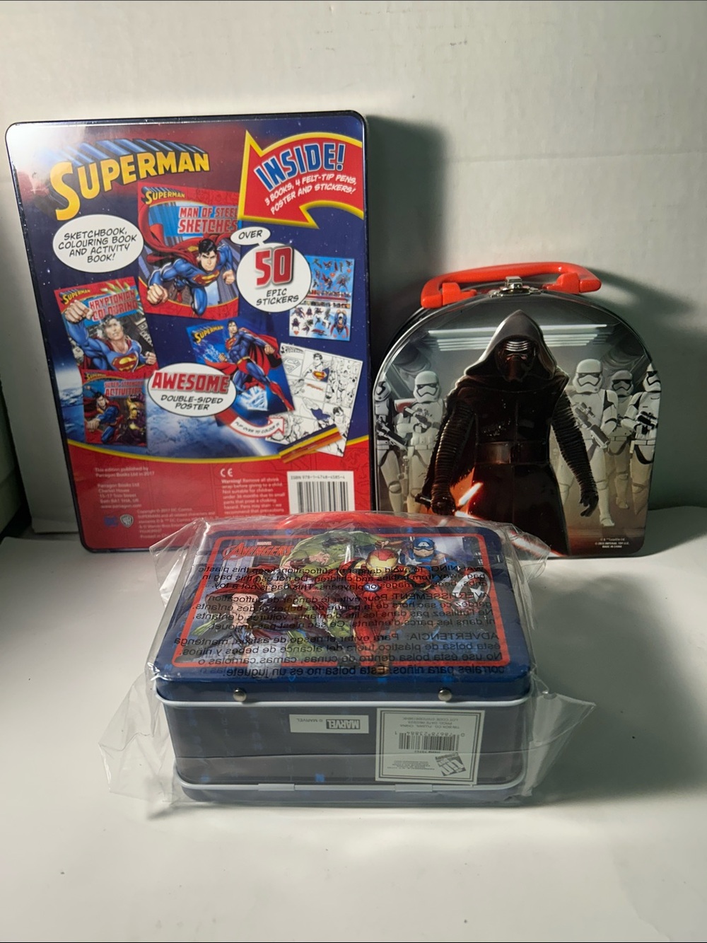 DC Comics Metal Lunch Tin Set in Blue and Red set of 3, Two never opened.